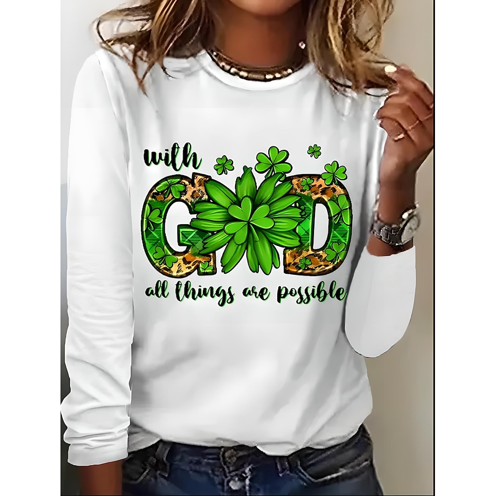 St. Patrick Damen T Shirt Kleeblatt Pflanzen Brautkleider schlicht Langarm Rundhalsausschnitt Normale Oberteile Täglich Bedruckt Weiß Frühling Herbst Lightinthebox