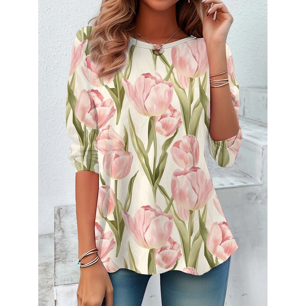 Damen T Shirt Blumen Brautkleider schlicht Langarm Rundhalsausschnitt Normale Oberteile Täglich Bedruckt Rosa Frühling Herbst Lightinthebox