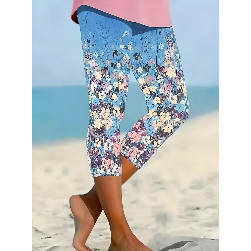 Damen Leggins Urlaub Modisch Hawaiianisch Knöchellänge Mittlere Taillenlinie Blumen Print warm Atmungsaktiv Weich Mikro-elastisch Urlaub Casual Täglich Rubinrot Sommer Frühling Regular Fit Lightinthebox