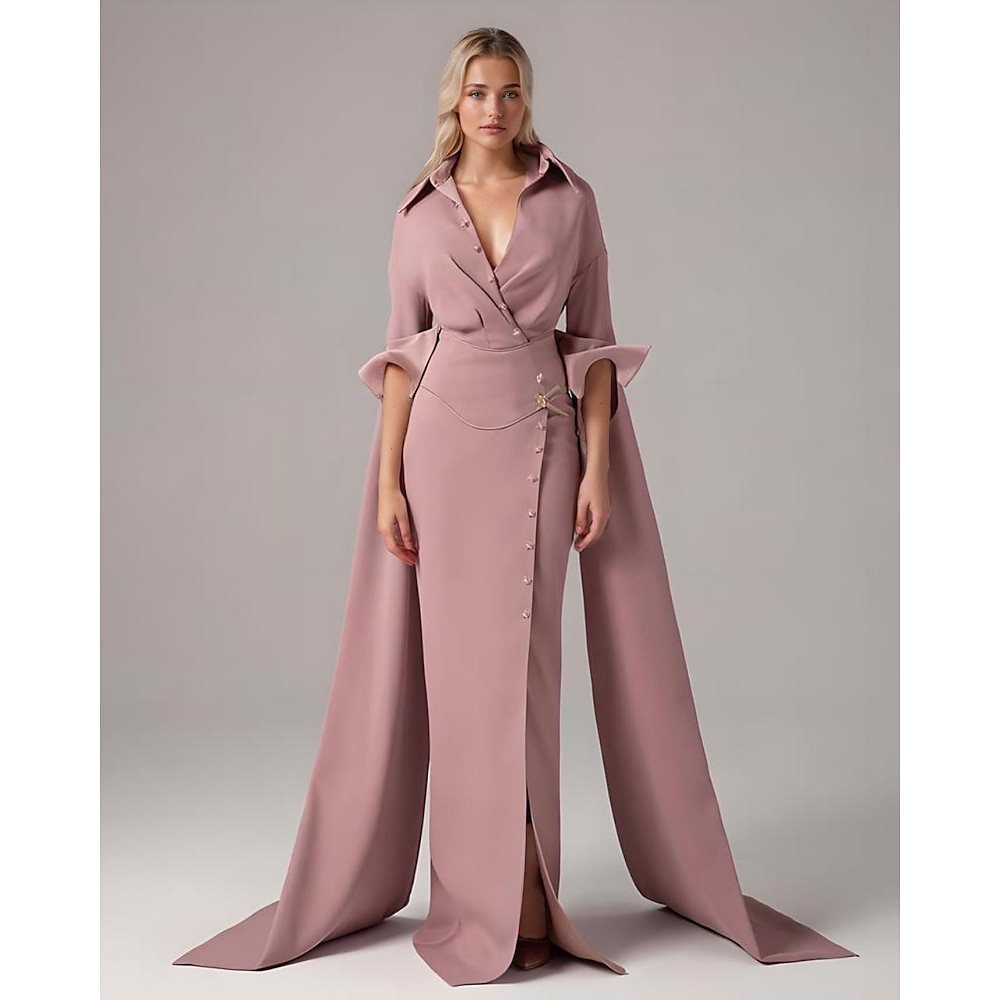 Trompete / Meerjungfrau Brautmutterkleid Elegant Einfach Minimalistisch V Ausschnitt Hemdkragen Boden-Länge Satin Krepp Langarm mit Knöpfe 2025 Lightinthebox