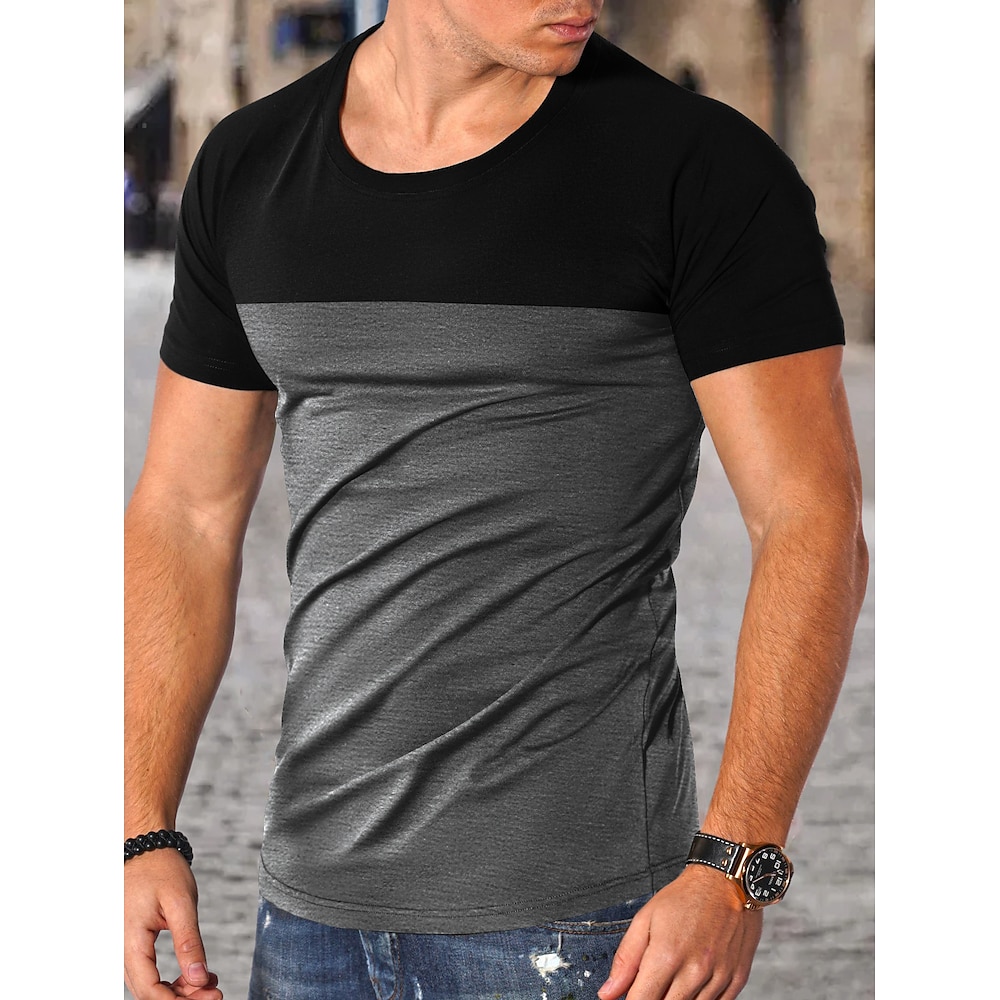 Herren Tee Kurzarm-Shirt T-Shirt Solide / einfarbig Rundhalsausschnitt Urlaub Strasse Kurzarm Farbblock Bekleidung Polyester Modisch Designer Lightinthebox