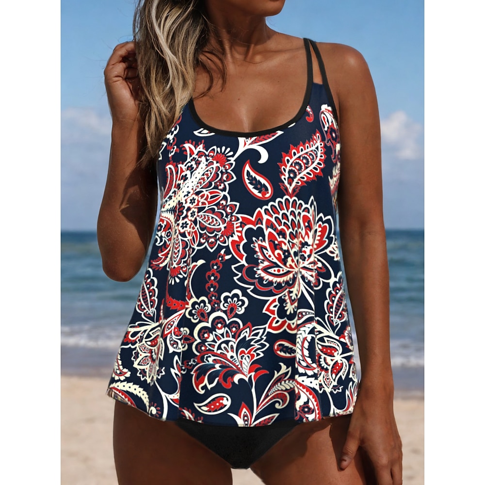 Damen Badeanzug Tankini 2 Stück Cheeky-Bikinihose Bademode Rückenfrei Bauchkontrolle Hohe Taillenlinie Schlank Urlaub Strandbekleidung Paisley-Muster U-Ausschnitt Ärmellos Badeanzüge Lightinthebox