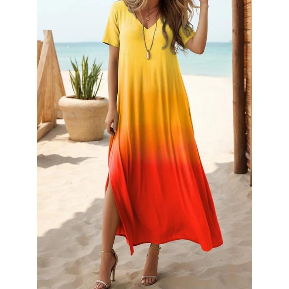 Damen Casual kleid A Linie Kleid Urlaub Tropisch Stilvoll Urlaub Täglich Regular Fit Farbverlauf Farbverläufe Kurzarm V Ausschnitt Orange Sommer Frühling Lightinthebox