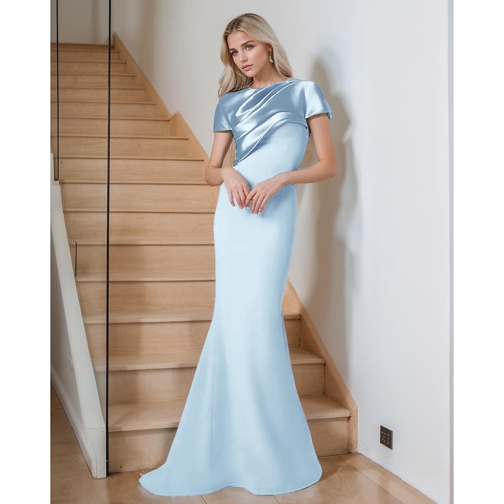 Trompete / Meerjungfrau Abendkleider Elegant Kleid Formal Abendgesellschaft Boden-Länge Kurzarm Schmuck Gürtel / Schärpe Satin mit Plissee 2025 Lightinthebox