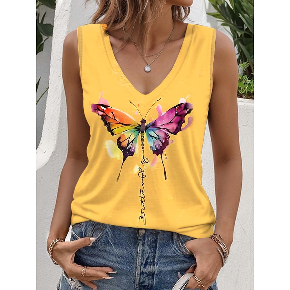 Damen Tank Top Schmetterling Brautkleider schlicht Ärmellos V Ausschnitt Normale Oberteile Täglich Gelb Sommer Lightinthebox