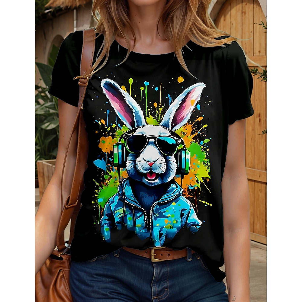 Ostern Damen T Shirt Blumen Graphic Tier Stilvoll Brautkleider schlicht Kurzarm Rundhalsausschnitt Normale Oberteile Täglich Wochenende Bedruckt Schwarz Sommer Frühling Lightinthebox