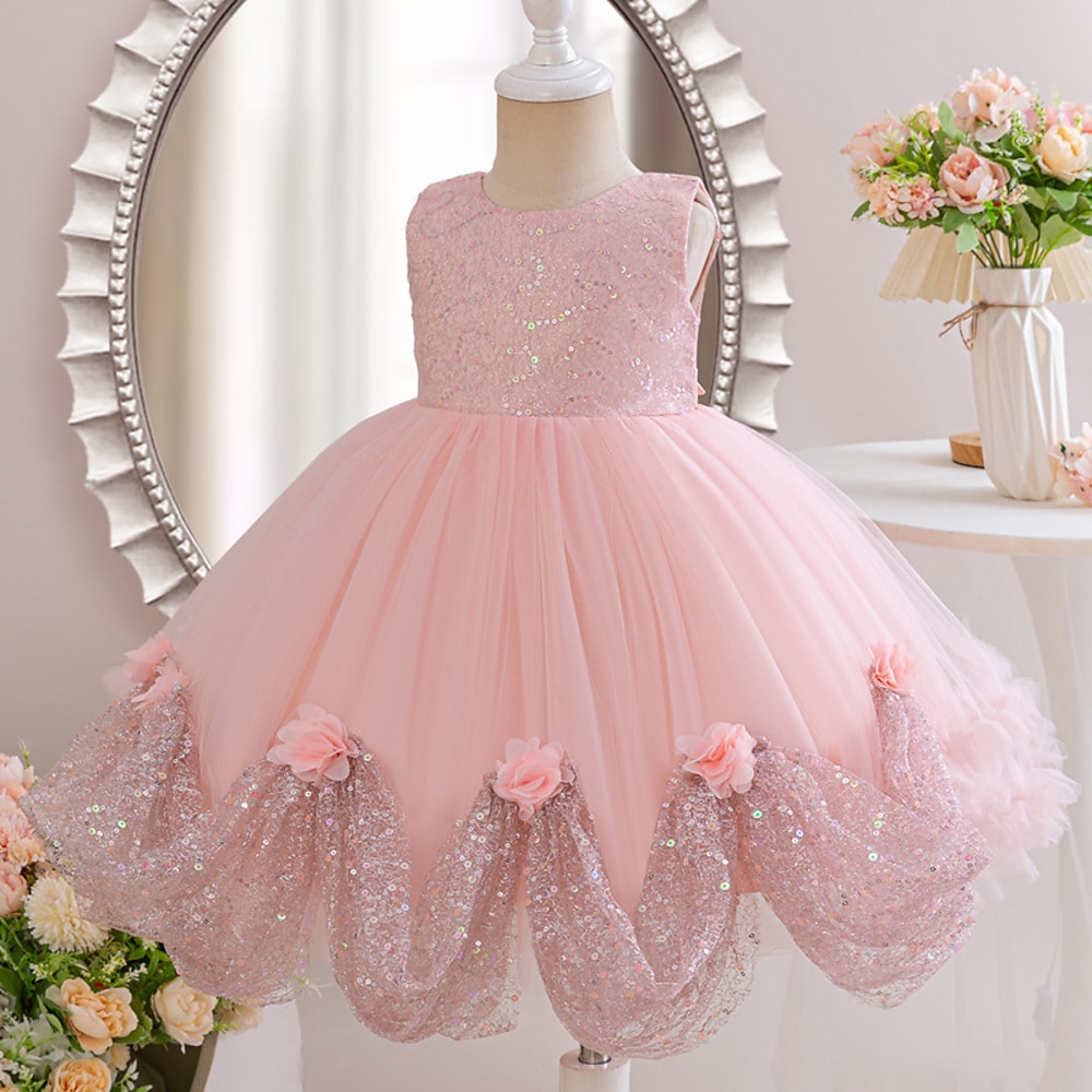 Blumenmädchenkleid Mädchen Prinzessinenkleid Party Kleid Leistung Party Kuschelig Täglich Prinzessin Pailletten Feste Farbe Ärmellos Rundhalsausschnitt Rosa 4-7 Jahre Lightinthebox