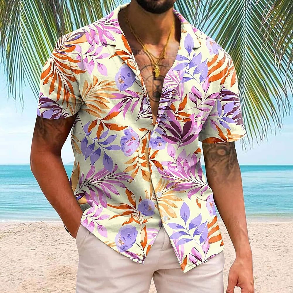 Herren Palmblatt Tropische Pflanzen Hawaiihemd Sommerhemd Camp-Shirt Aloha-Shirt Kurzarm Hawaiianisch Urlaub Festtage Strandbekleidung Sommer Frühling Kubanisches Halsband Knopf hoch 3D-Druck Purpur Lightinthebox