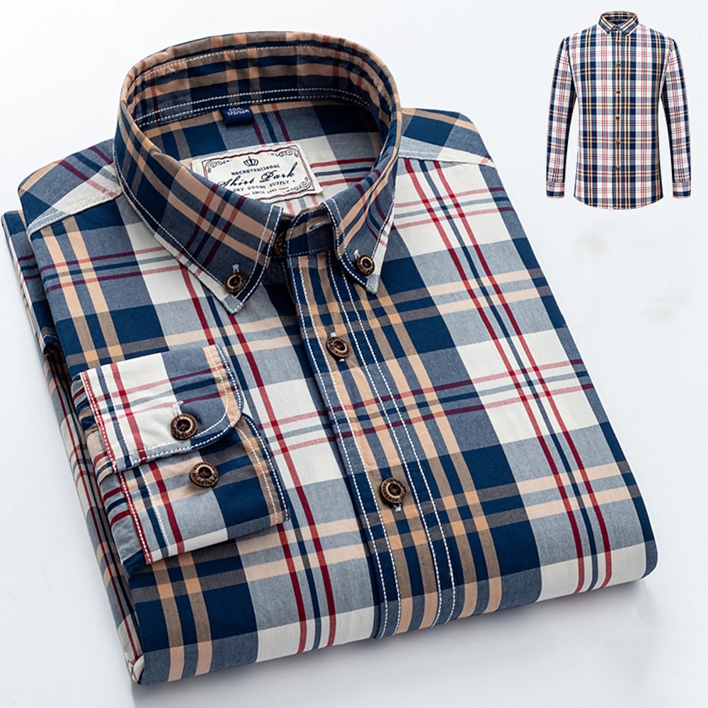 Herren Hemd Sommerhemd Lässiges Hemd Strandhemd Knopfhemd Rote Marineblau Königliches Blau Blau Orange Langarm Plaid Kargen Urlaub Hawaiianisch Button-Down Bekleidung 100% Baumwolle Modisch Lightinthebox