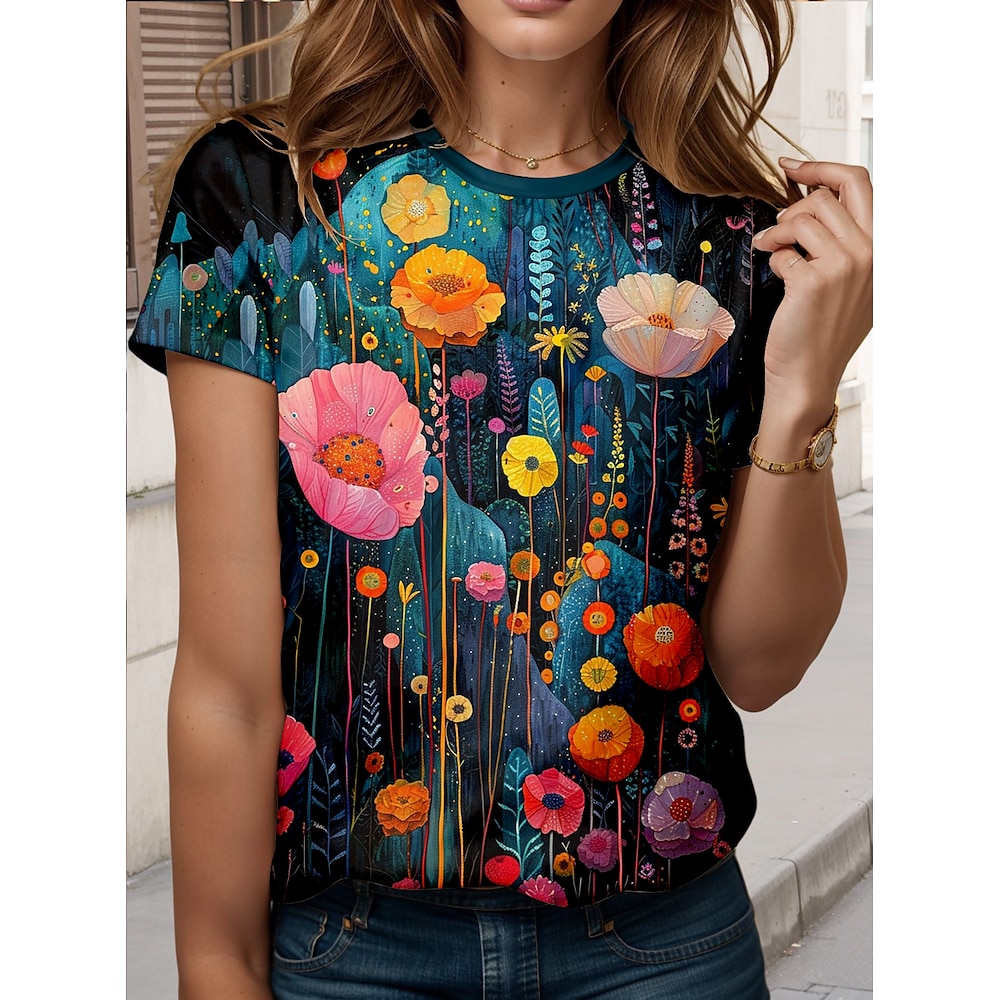 Damen T Shirt Blumen Farbblock Stilvoll Brautkleider schlicht Kurzarm Rundhalsausschnitt Normale Oberteile Täglich Wochenende Bedruckt Marineblau Sommer Frühling Lightinthebox