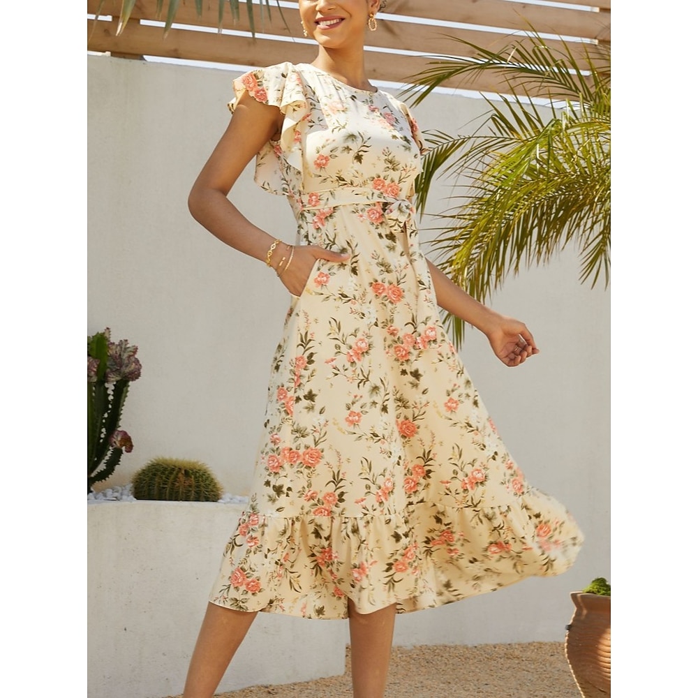 Damen Casual kleid Elegantes Kleid Flattrige Ärmel Elegant Kuschelig Basic Urlaub kleid hochzeitsgast Täglich Regular Fit Blumen Graphic Kurzarm Rundhalsausschnitt Aprikose Sommer Frühling Lightinthebox