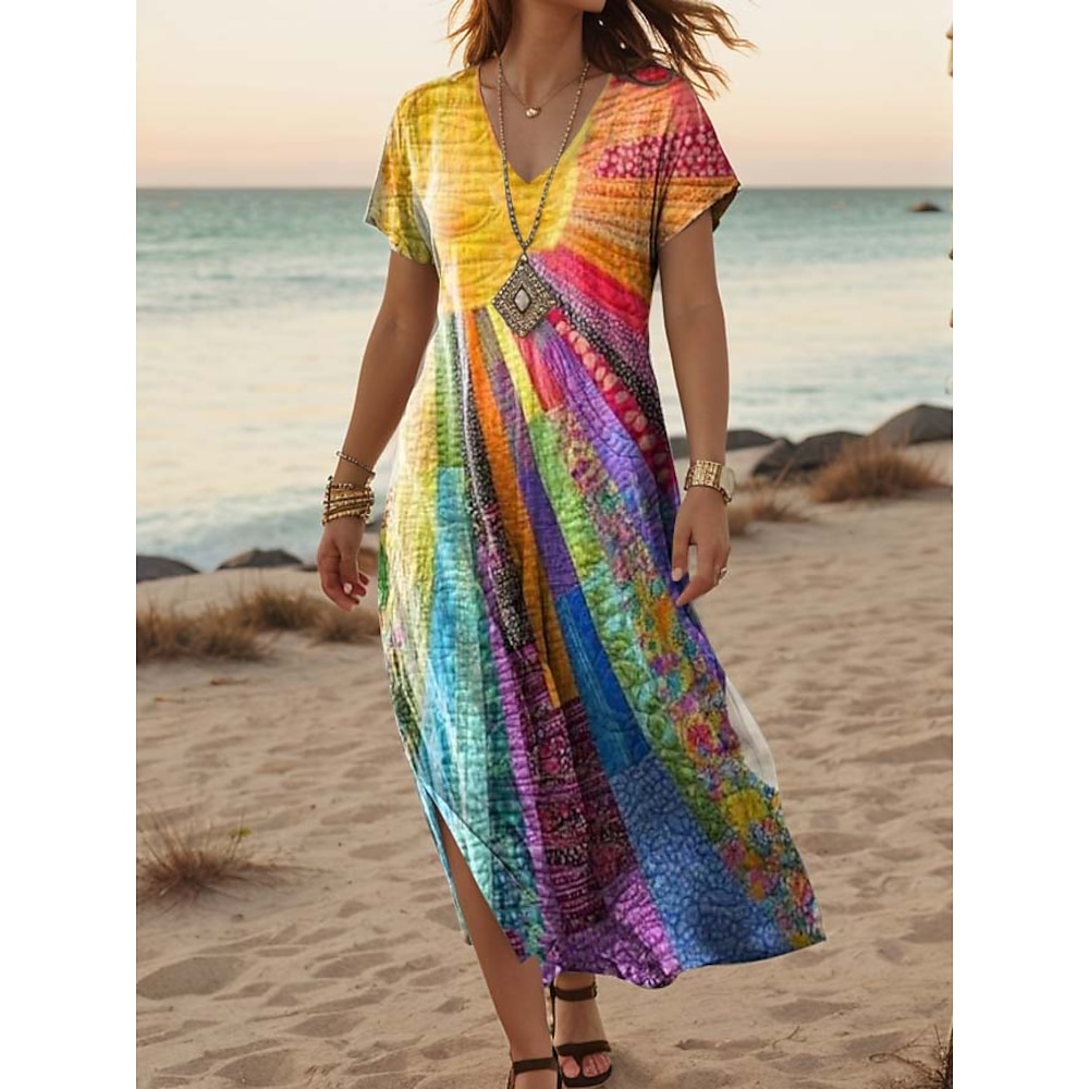 Damen Casual kleid A Linie Kleid Stilvoll Brautkleider schlicht Urlaub Täglich Regular Fit Blumen Kurzarm V Ausschnitt Blau Grün Regenbogen Grau Sommer Frühling Lightinthebox