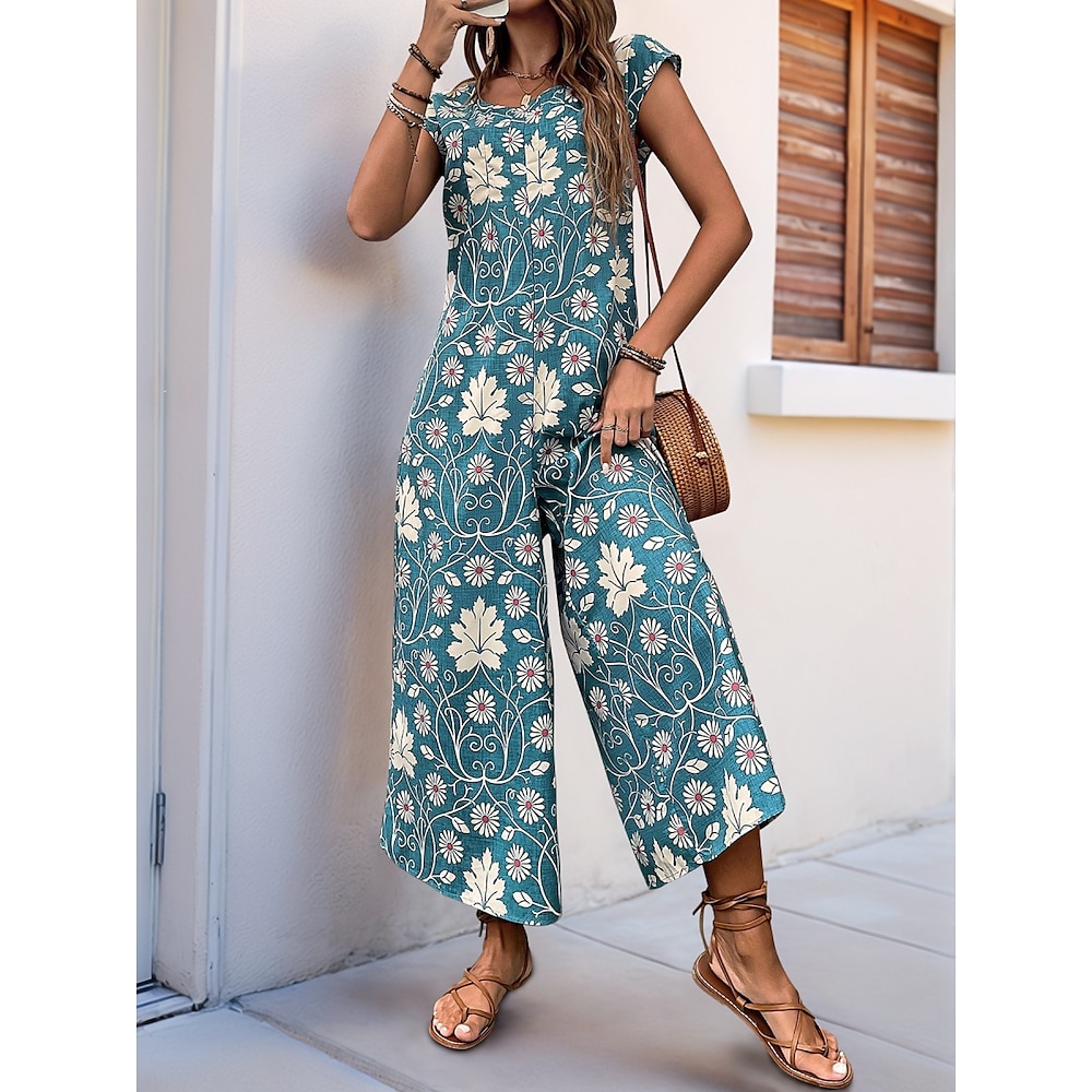 Damen Normal Jumpsuit Aktiv Feste Farbe Kurzarm Rundhalsausschnitt Hohe Taillenlinie Bedruckt Urlaub Täglich Regular Fit Marineblau Blau Grün Sommer Lightinthebox