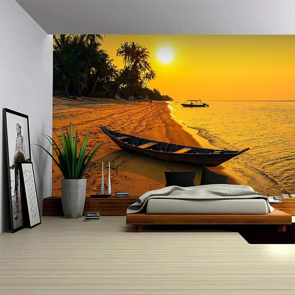 Landschaft Sonnenuntergang Strand hängender Wandteppich Wandkunst großer Wandteppich Wanddekoration Fotohintergrund Decke Vorhang Zuhause Schlafzimmer Wohnzimmerdekoration Lightinthebox