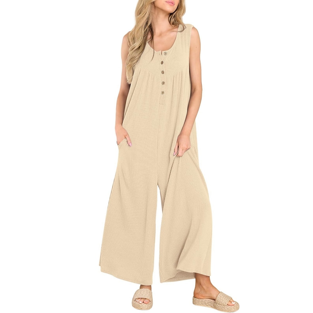 Damen Normal Jumpsuit Aktiv Feste Farbe Ärmellos U-Ausschnitt Knopf Tasche Urlaub Täglich Regular Fit Schwarz Marineblau Blau Sommer Lightinthebox