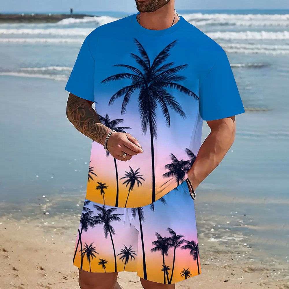 Herren Kokusnuss-Palme 2St Sommertops Kurzarm Kurze Hosen T-Shirts-Sets Rundhalsausschnitt Sport Designer Brautkleider schlicht Outdoor Urlaub Täglich Bedruckt Rubinrot Lightinthebox