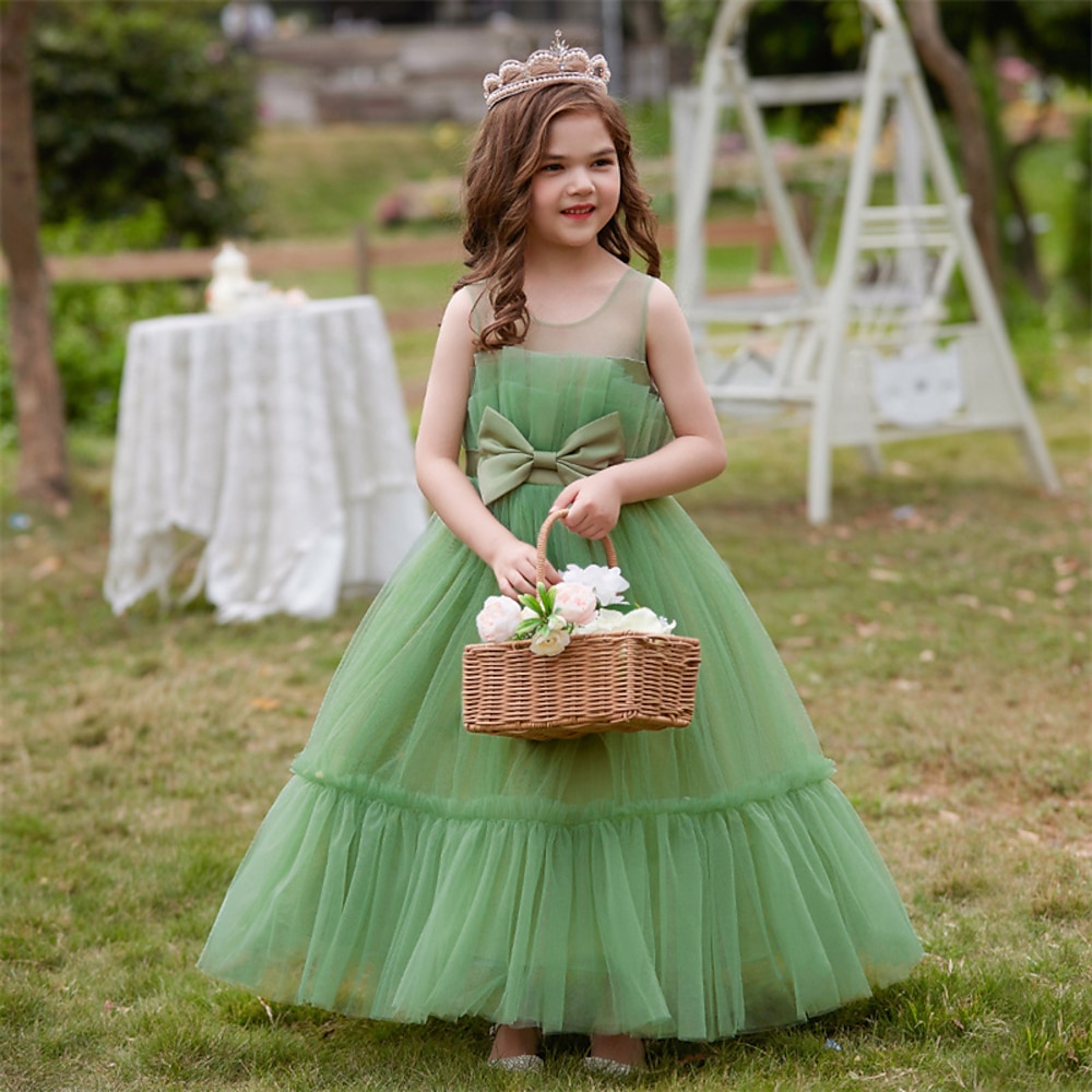 Blumenmädchenkleid Kinder Mädchen Prinzessinenkleid Leistung Hochzeit Party Elegant Schön Gitter Feste Farbe Ärmellos Rundhalsausschnitt Weinrot Weiß 4 Jahre Lightinthebox