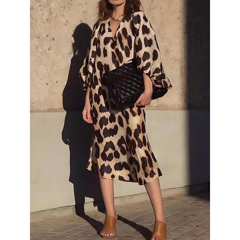 Damen Midikleid Etuikleid Sommerkleid Kleid mit Puffärmeln Brautkleider schlicht Urlaub Täglich Regular Fit Leopard Kurzarm V Ausschnitt Leopard Sommer Lightinthebox