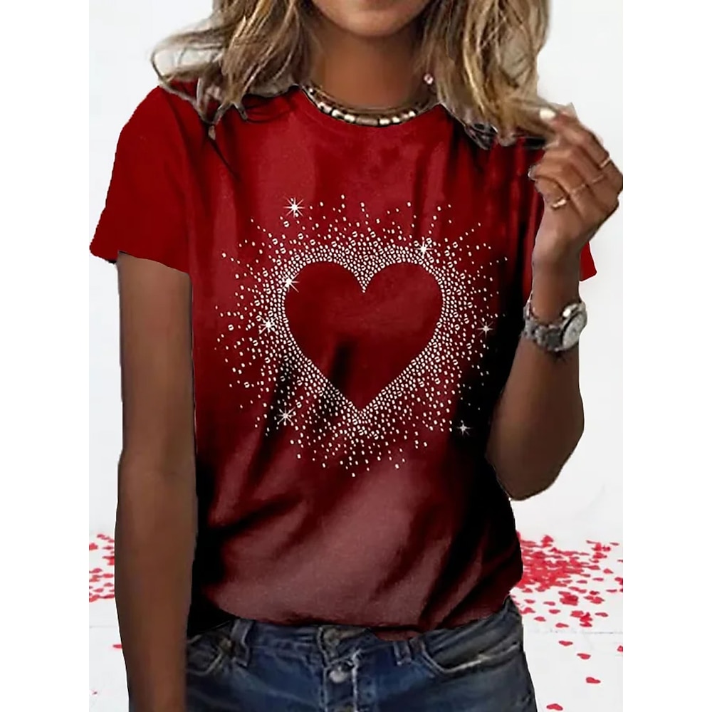 Damen T Shirt Herz Graphic Vintage Modisch Kuschelig Kurzarm Rundhalsausschnitt Normale Oberteile Täglich Ausgehen Wochenende Bedruckt Rote Sommer Lightinthebox