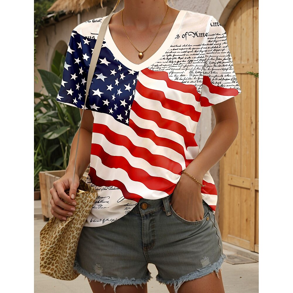 Damen T Shirt Fahne Amerikanische Flagge Nationalflagge Stilvoll Brautkleider schlicht Kurzarm V Ausschnitt Normale Oberteile Täglich Wochenende Bedruckt Rote Sommer Frühling Lightinthebox