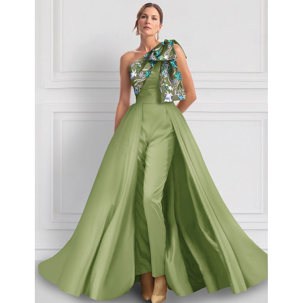 grüne Jumpsuits Abendkleid elegantes Kleid formelle Hochzeit bodenlang ärmellos ein Schulter Satin mit Schleife(n) Schlitz Stickerei 2025 Lightinthebox