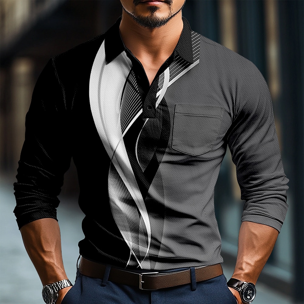 Herren Geometrisch Linie Polo Langarm Polo-Shirts Hemden mit Kragen Business-Casual Geschäft Athlässigkeit Freizeitskleidung Knopf 3D-Druck Schwarz Blau Grau Lightinthebox