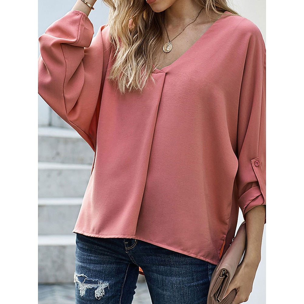 Damen Hemd Bluse Feste Farbe Elegant Täglich Stilvoll Langarm V Ausschnitt Normale Oberteile Arbeit Täglich Festtage Patchwork Knopf Schwarz Weiß Rosa Frühling Herbst Lightinthebox