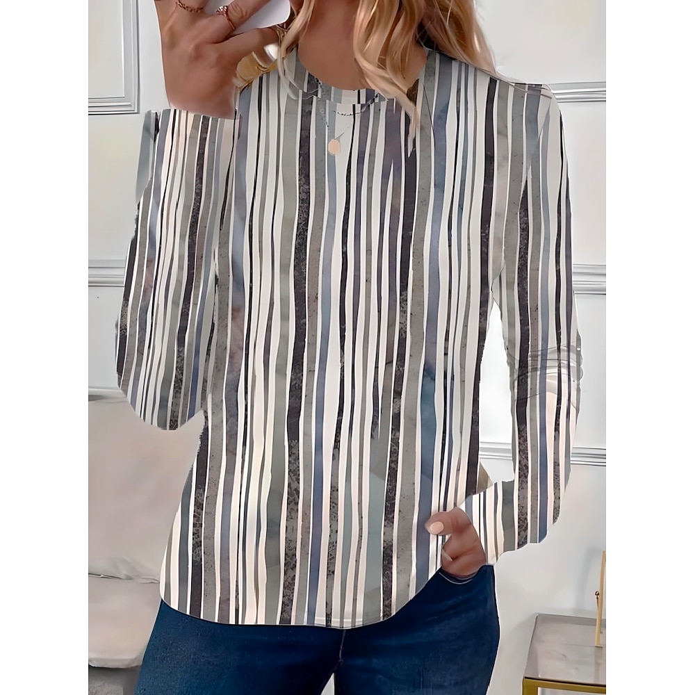 Damen T Shirt Plaid Elegant Vintage Modisch Langarm Rundhalsausschnitt Normale Oberteile Täglich Ausgehen Wochenende Bedruckt Weiß und grau Sommer Frühling Lightinthebox