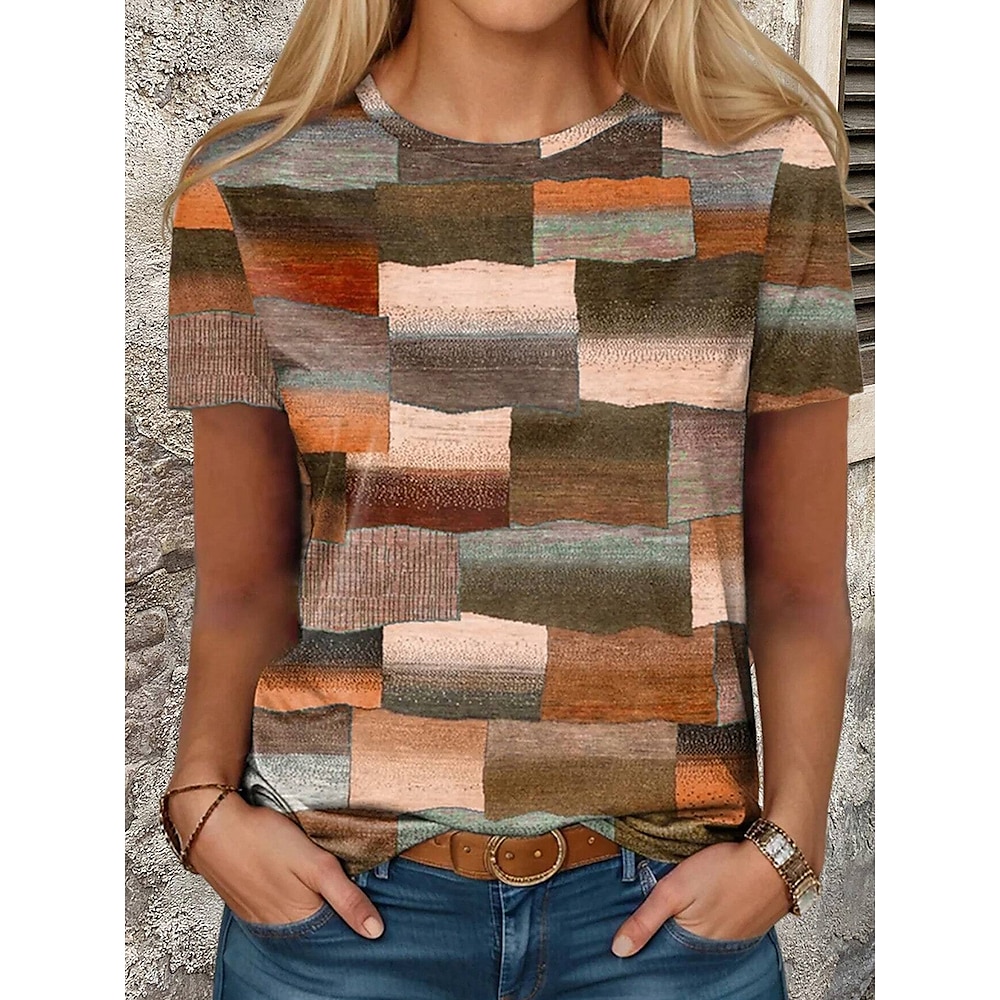 Damen T Shirt Geometrisch Modisch Stilvoll Brautkleider schlicht Kurzarm Rundhalsausschnitt Normale Oberteile Täglich Wochenende Bedruckt Gelb Grün Sommer Lightinthebox