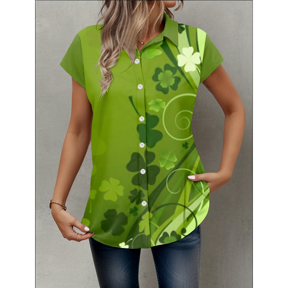 St. Patrick's Day Damen Shirt Grafik Shamrock Täglich Kurzarm Cap Sleeve Hemdkragen Lange Oberteile Täglicher Grasgrün Sommer Frühling Lightinthebox