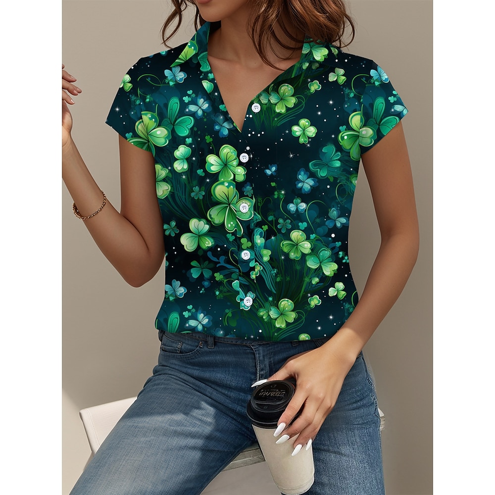 St. Patrick's Day Damen T-Shirt Grafik Shamrock Alltag Kurzarm Cap Sleeve Shirt Kragen Lange Tops Alltag Grün Sommer Frühling Lightinthebox