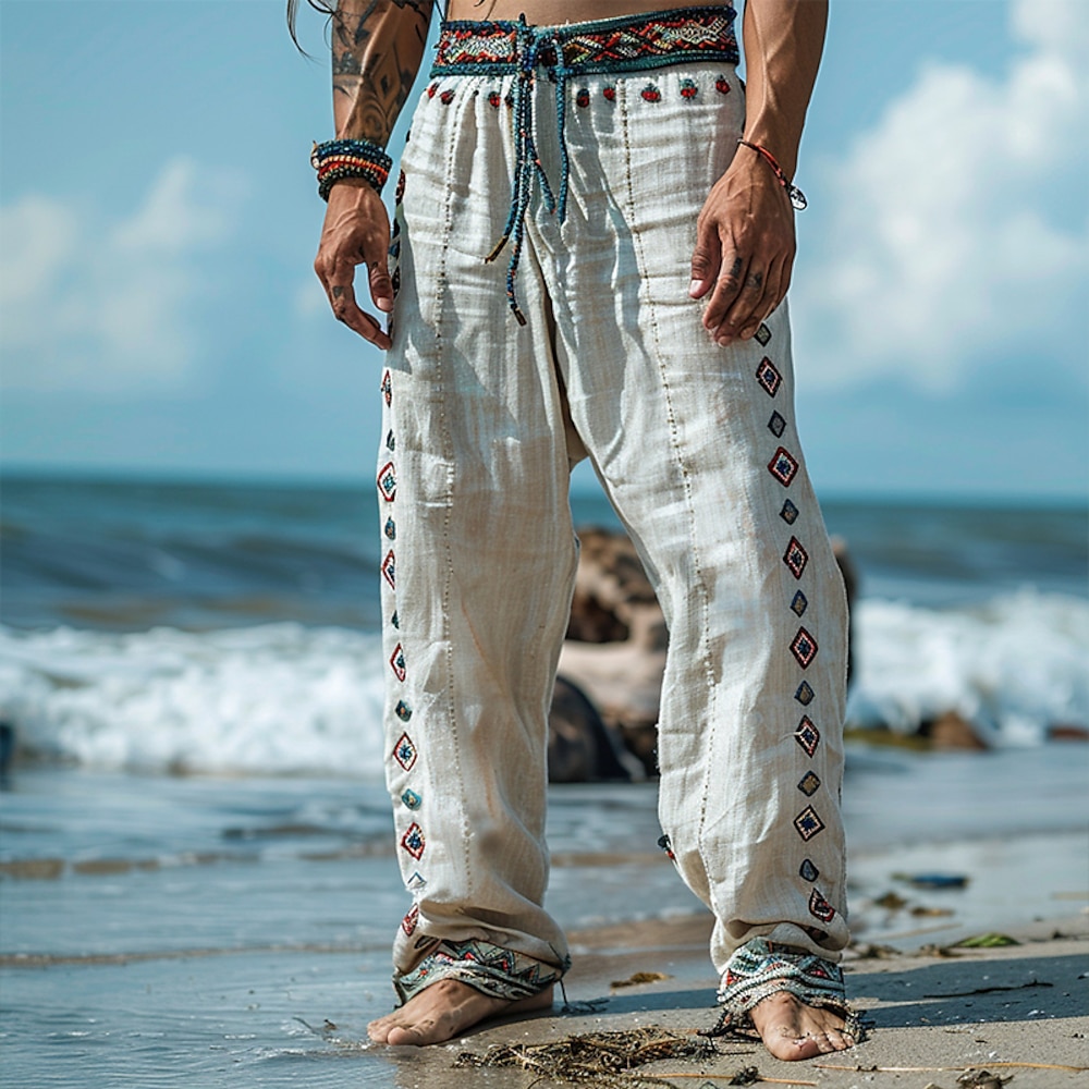 Herren Leinenhose Hose Hosen Sommerhosen Strandhose Patchwork Elastische Taille Gerade geschnitten Geometrisch Komfort Atmungsaktiv In voller Länge Casual Täglich Festtage Urlaub Modisch Weiß Lightinthebox