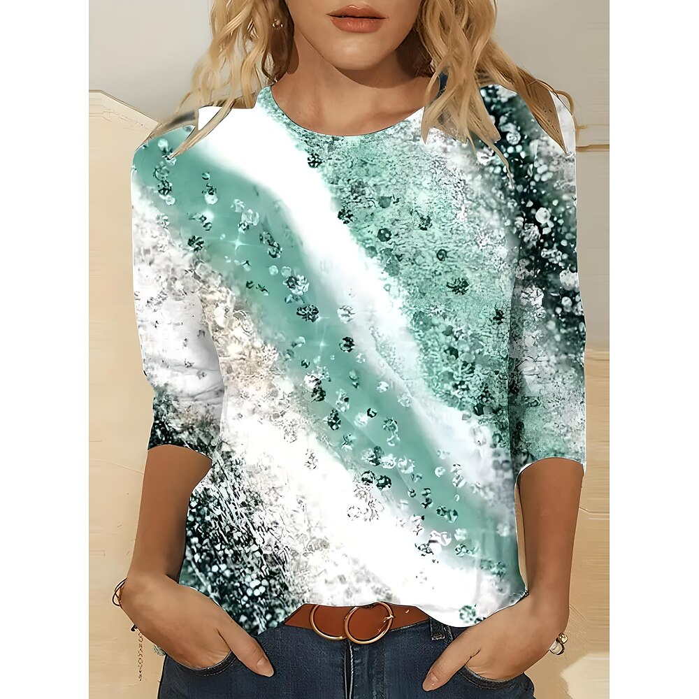 Damen T Shirt Farbverlauf Farbverläufe Textur Elegant Vintage Modisch Langarm Rundhalsausschnitt Normale Oberteile Täglich Ausgehen Wochenende Bedruckt Grün Sommer Frühling Lightinthebox