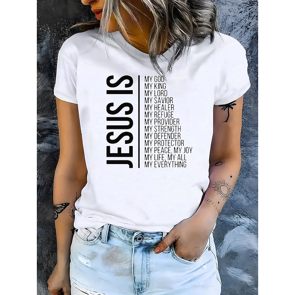 Damen T-Shirt aus 100 % Baumwolle, Baumwollhemd, Buchstaben, lässig, kurzärmlig, Rundhalsausschnitt, normale Oberteile, Alltagsdruck, weiß, Sommer Lightinthebox