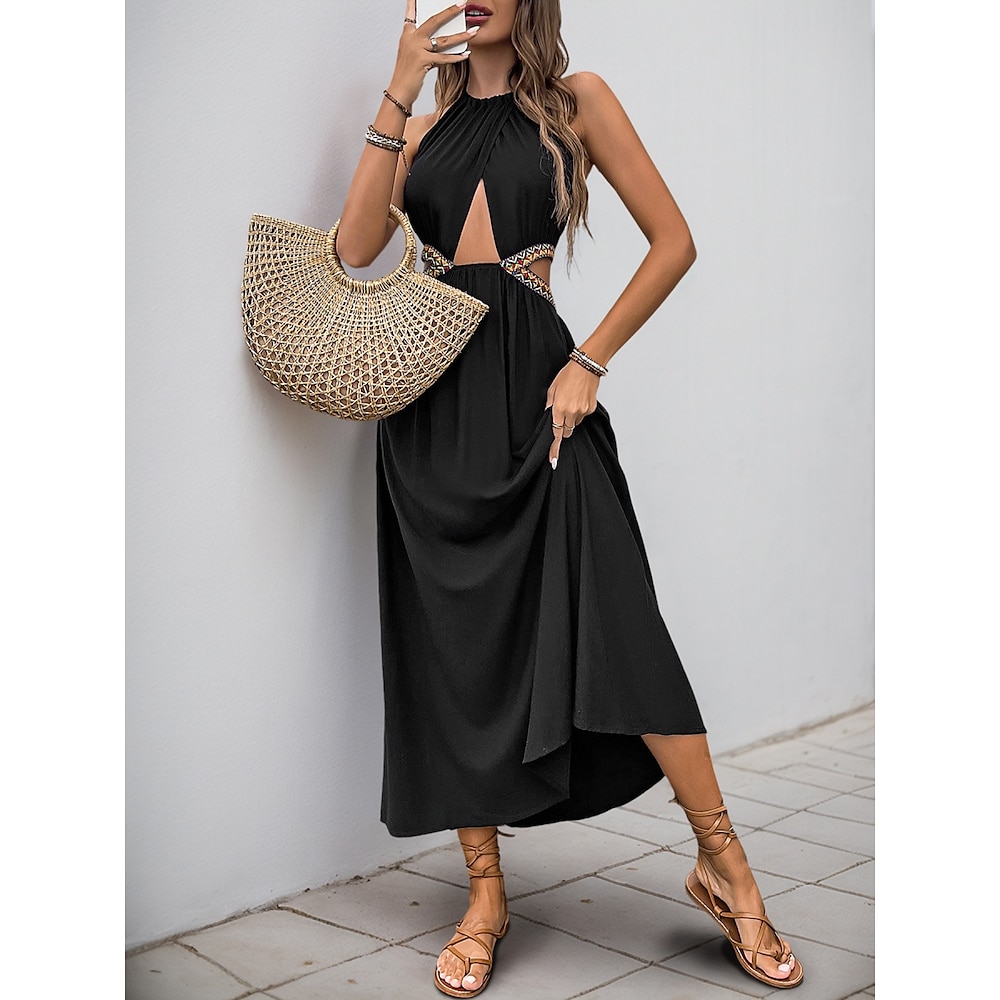 Damen schwarzes kleid Casual kleid A Linie Kleid Urlaub Brautkleider schlicht Urlaub Täglich Festtage Regular Fit Glatt Ärmellos V Ausschnitt Schwarz Sommer Lightinthebox