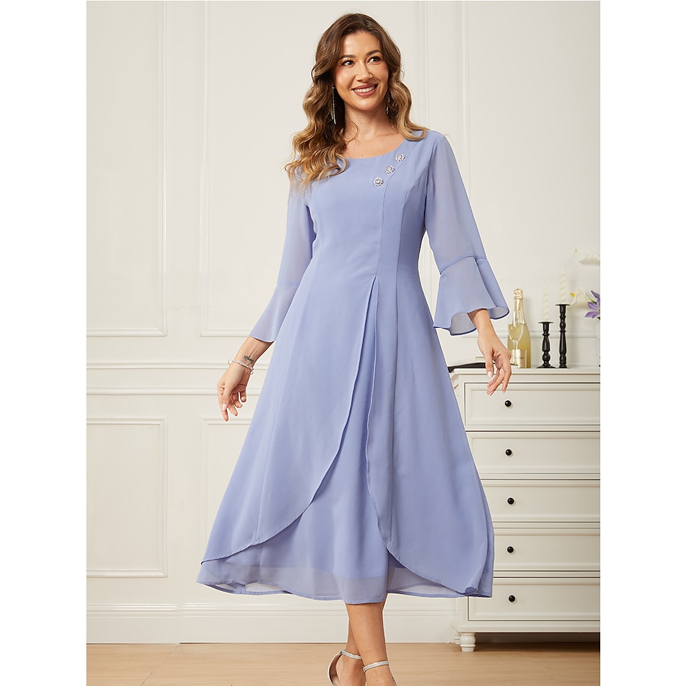 Damen Elegantes Kleid Elegant Ausgefallene Party Täglich Verabredung Regular Fit 3/4 Ärmel Rundhalsausschnitt Leicht Blau Frühling Herbst Lightinthebox