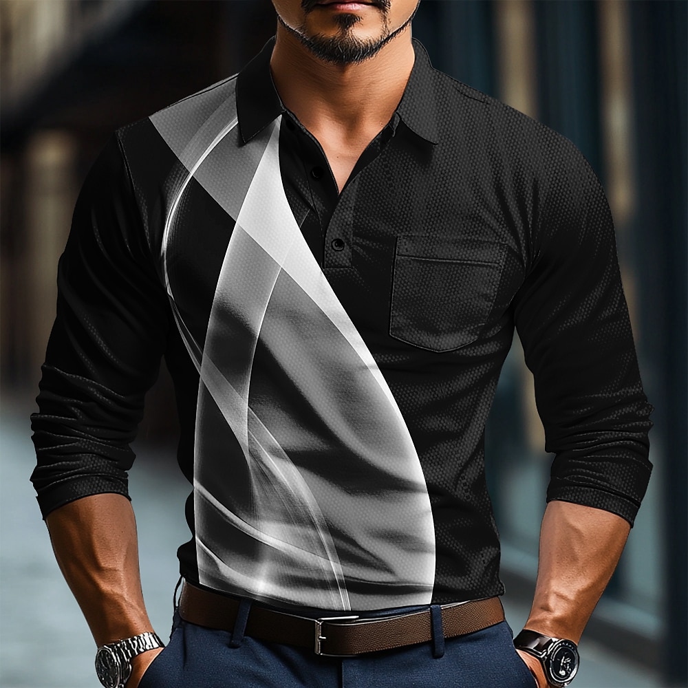 Herren Geometrisch Linie Polo Langarm Polo-Shirts Hemden mit Kragen Business-Casual Geschäft Athlässigkeit Freizeitskleidung Knopf 3D-Druck Meerblau Weiß Blau Lightinthebox