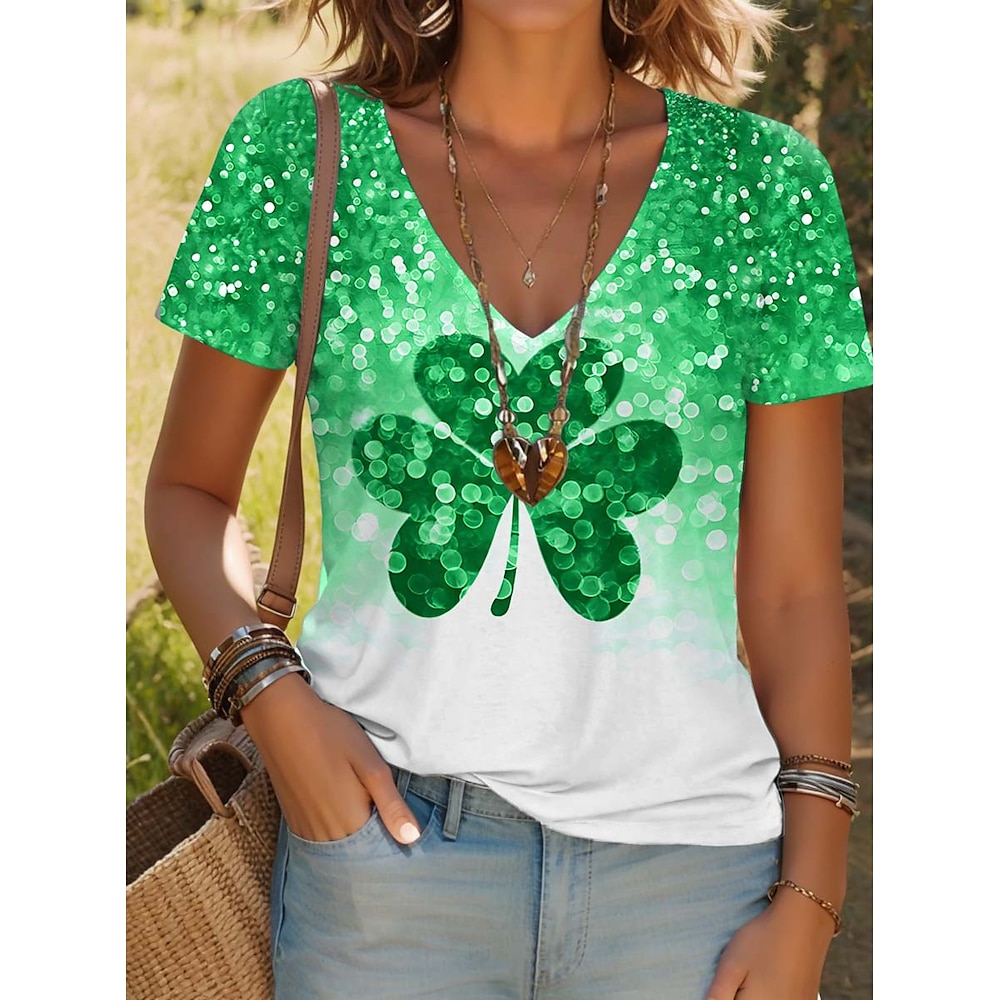 St. Patrick Damen T Shirt Blumen Kleeblatt Stilvoll Brautkleider schlicht Kurzarm V Ausschnitt Normale Oberteile Täglich Bedruckt Grün Sommer Lightinthebox