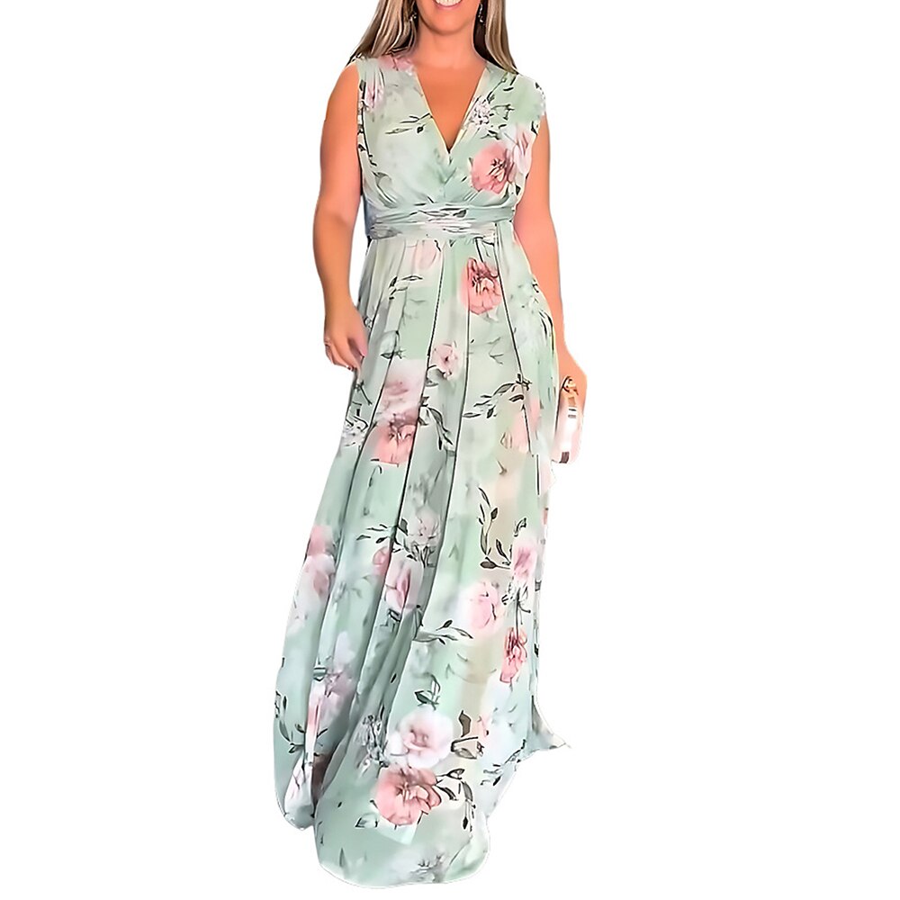 Damen A Linie Kleid Sommerkleid Stilvoll Brautkleider schlicht Blumen Maxidress Kurzarm V Ausschnitt Bedruckt Regular Fit Urlaub Täglich Hellgrün Himmelblau Leicht Blau Sommer Lightinthebox