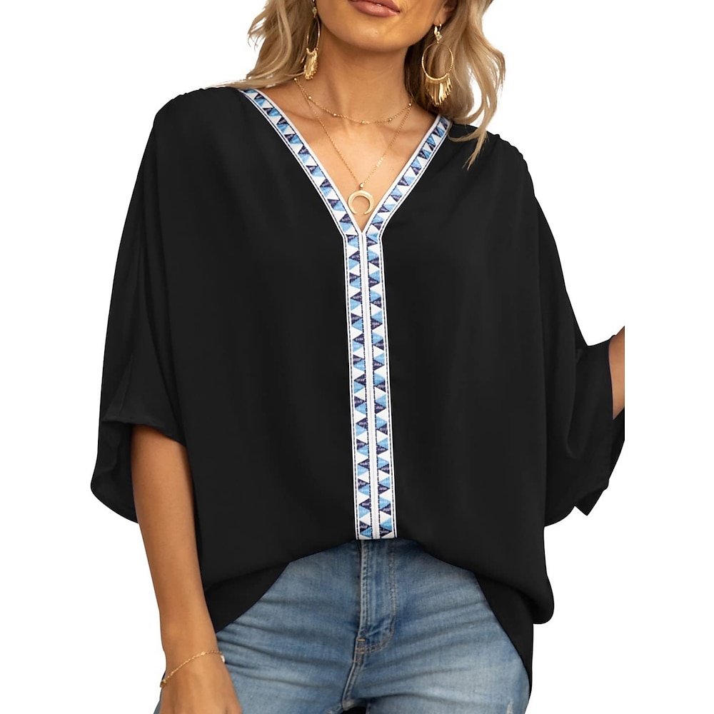 Damen Hemd Bluse Feste Farbe Stilvoll Brautkleider schlicht 3/4 Ärmel V Ausschnitt Normale Oberteile Täglich Patchwork Schwarz Weiß Sommer Frühling Lightinthebox