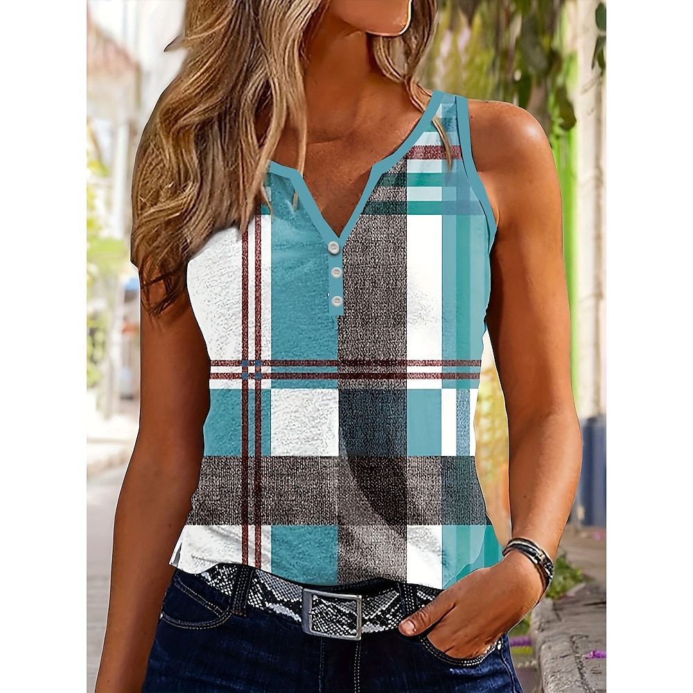 Damen Hemd Bluse Plaid Täglich Ärmellos Gekerbter Hals Normale Oberteile Täglich Knopf Bedruckt Blau Sommer Lightinthebox