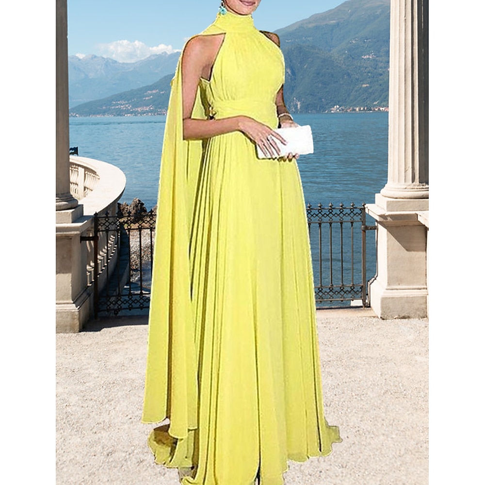 A-Linie Abendkleider Elegant Kleid Formal kleid hochzeitsgast Boden-Länge Ärmellos Stehkragen Capes Chiffon mit Gerafft 2025 Lightinthebox