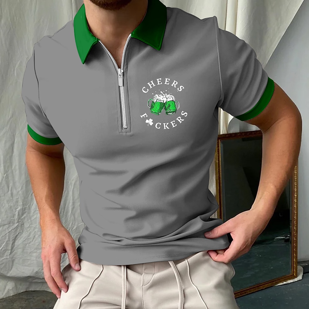 Herren Zitate Sprüche Oktoberfest-Bier Zip Polo Kurzarm Umlegekragen Casual / sportlich Casual St. Patrick Day 3D-Druck Grau Schwarz Weiß Lightinthebox