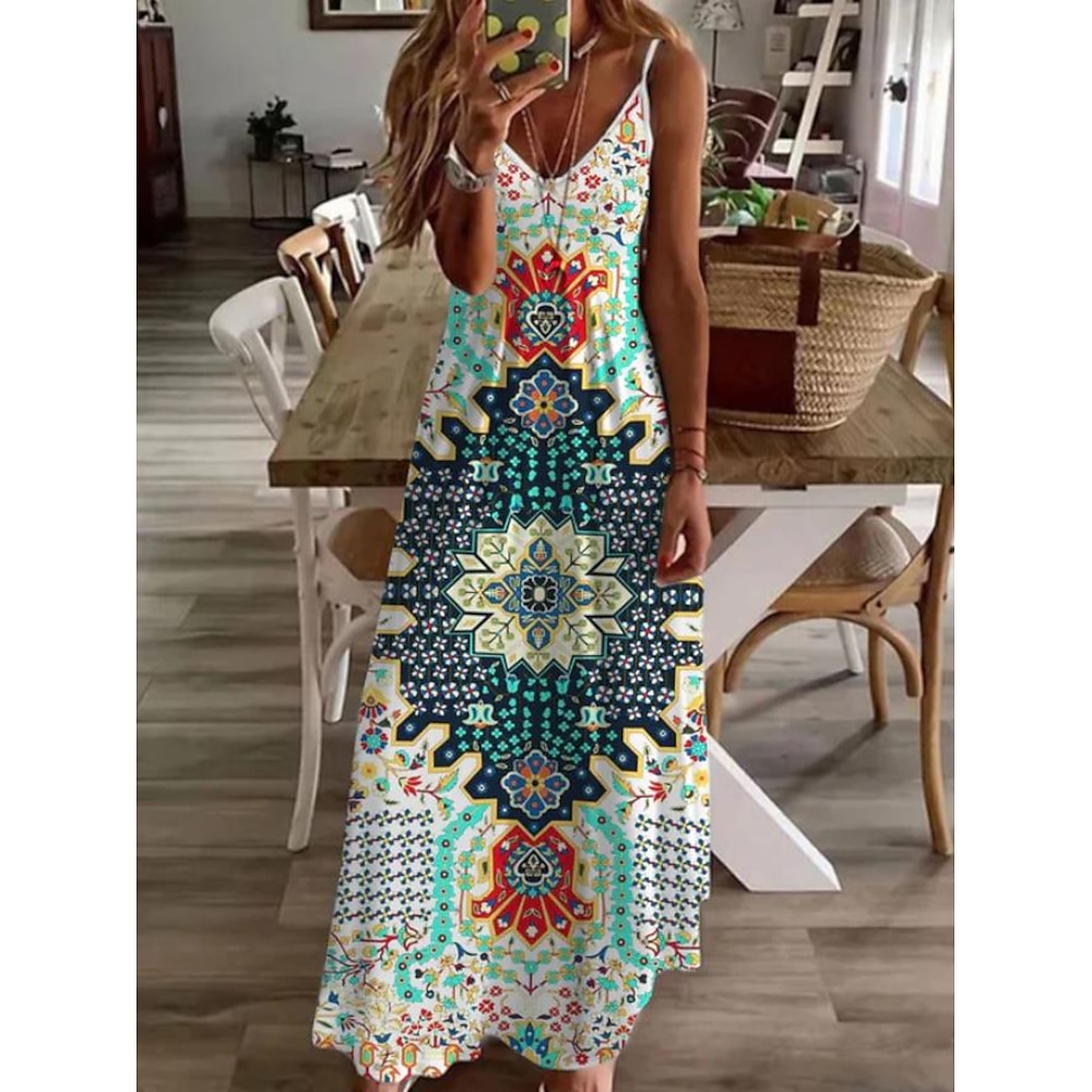 Damen Maxidress Sommerkleid A Linie Kleid skims dress Böhmen Urlaub Vintage Urlaub Casual Täglich Regular Fit Geometrisch Ärmellos V Ausschnitt Grün Sommer Frühling Lightinthebox