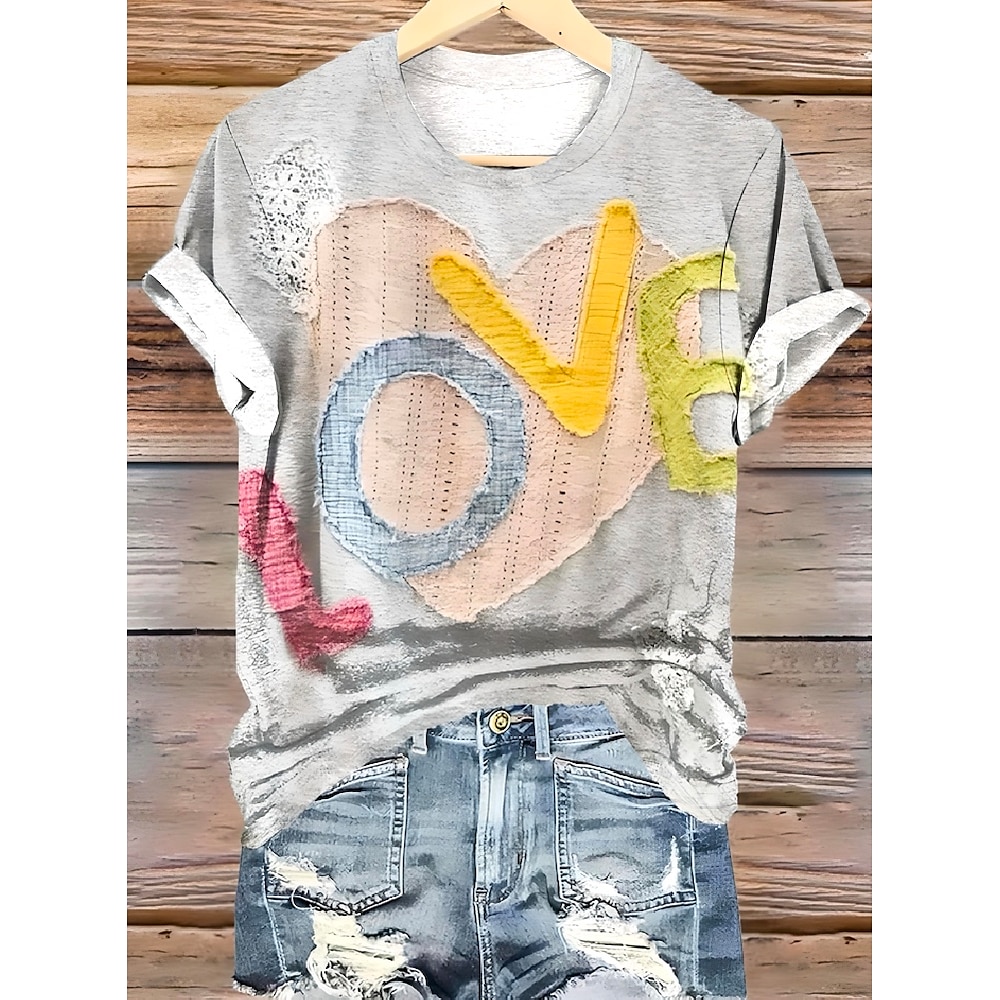 Damen T Shirt Herz Liebe Graphic Elegant Vintage Modisch Kurzarm Rundhalsausschnitt Normale Oberteile Täglich Ausgehen Wochenende Bedruckt Perle Sommer Lightinthebox