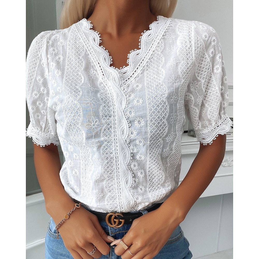 Damen Hemd Bluse Feste Farbe Stilvoll Brautkleider schlicht Kurzarm V Ausschnitt Normale Oberteile Täglich Spitze Weiß Sommer Frühling Lightinthebox