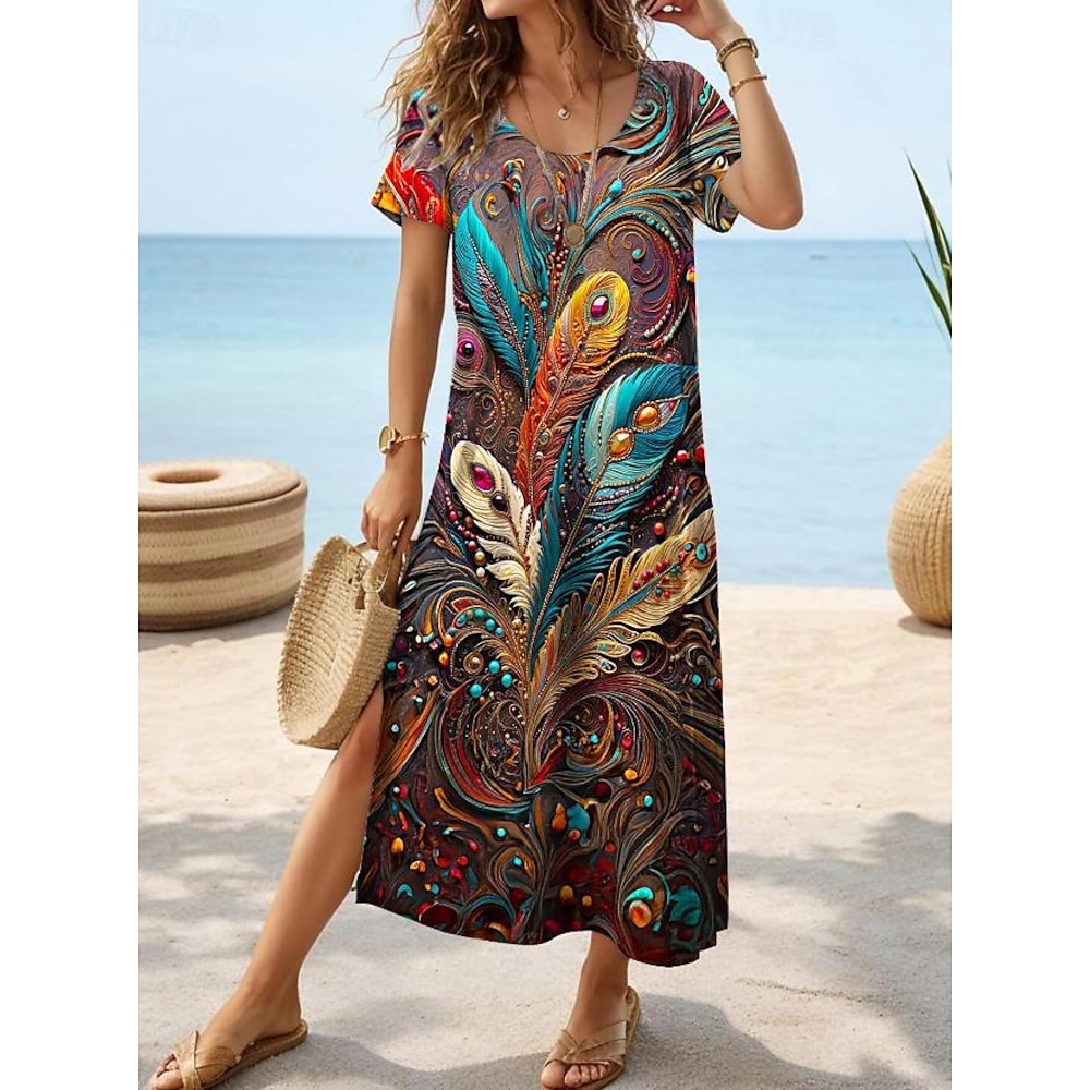 Damen Casual kleid Boho Chic Kleider Böhmen Kuschelig Stilvoll Urlaub Täglich Strand Regular Fit Graphic Kurzarm Rundhalsausschnitt Kastanienbraun Sommer Frühling Lightinthebox