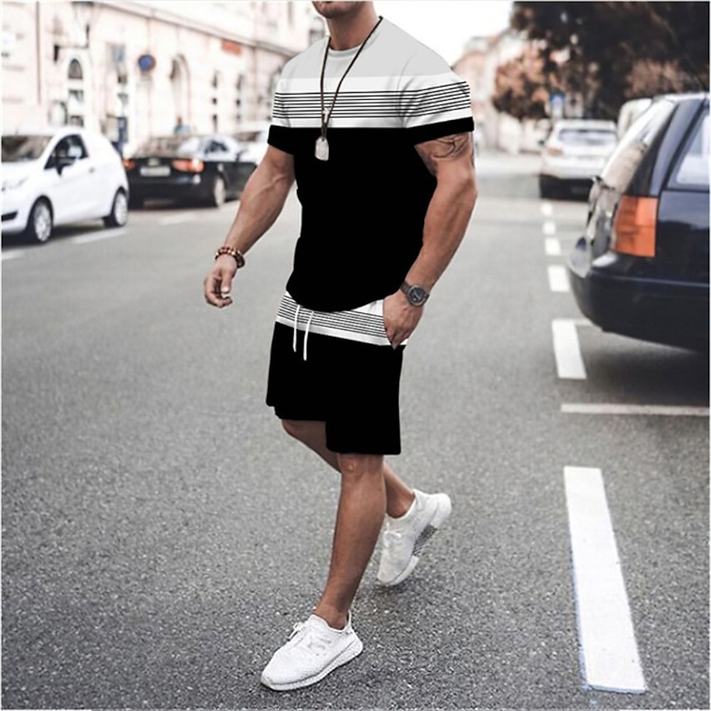 Herren T-Shirt Anzüge Shorts mit T-Shirt und Kordelzug an der Taille 2-teiliges Outfit T-Shirt und Shorts Farbblock Streifen Rundhalsausschnitt Urlaub Freizeitskleidung Kurzarm 2 teilig Bekleidung Lightinthebox