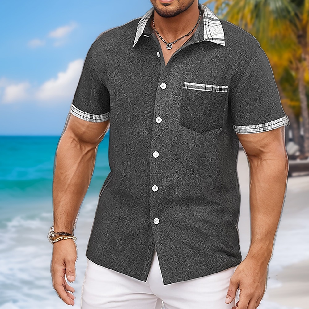 Herren Plaid Raster Geometrische Muster leinenhemd Sommerhemd Knopfhemd Kurzarm Modisch lässig Urlaub Festtage Strandbekleidung Sommer Frühling Umlegekragen Hemden mit Kragen Eine Tasche vorne Lightinthebox