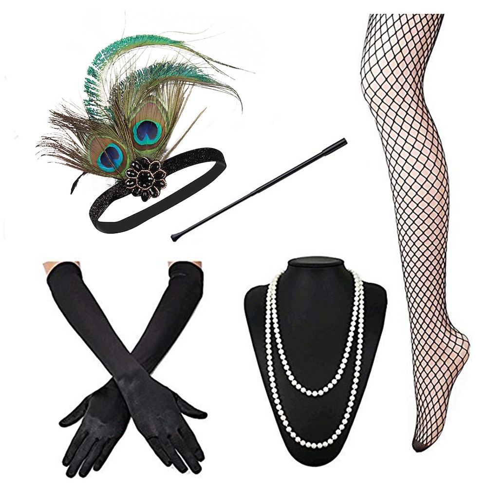 Brüllen 20s 1920s Flapper Stirnband Zubehörset Der große Gatsby Charleston Damen Feder Silvester Maskerade Party Erwachsene 1 Halskette Handschuhe Strümpfe Lightinthebox